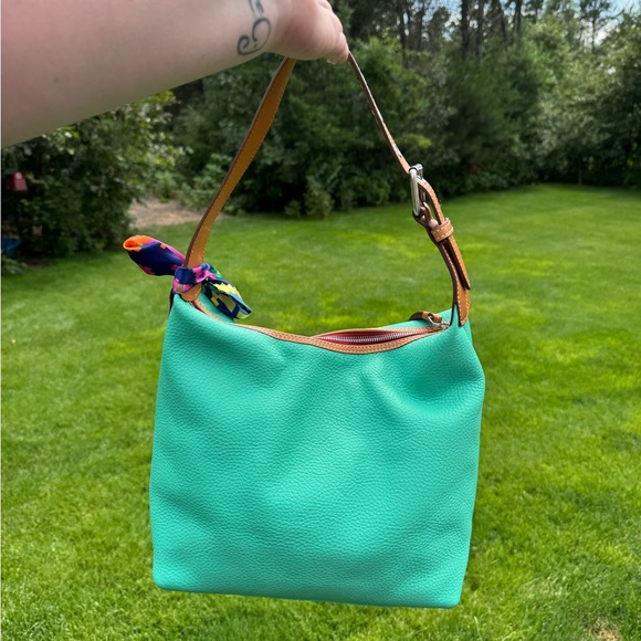 Dooney & Bourke Aqua and Tan Leather Hobo Bag - Picture 2 of 7